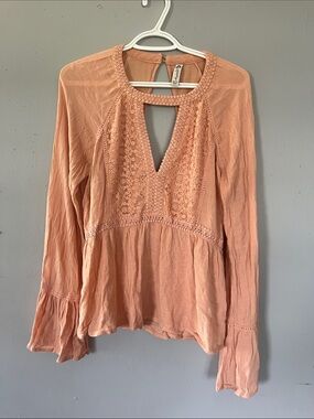 Woman’s American Rag Peach Crochet-Detail Long Sleeve Blouse Medium
